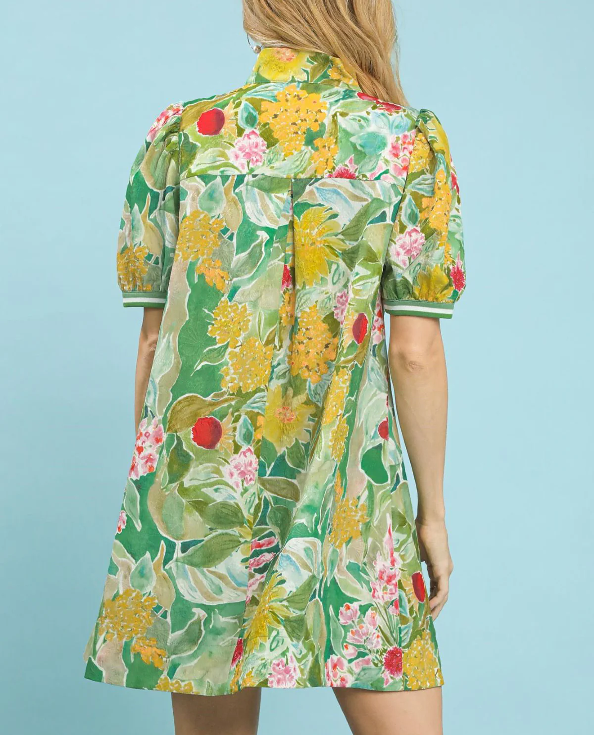 Jacquard Print Print Mini Dress with V-neckline Striped Contrast Trim Collar - Image 5