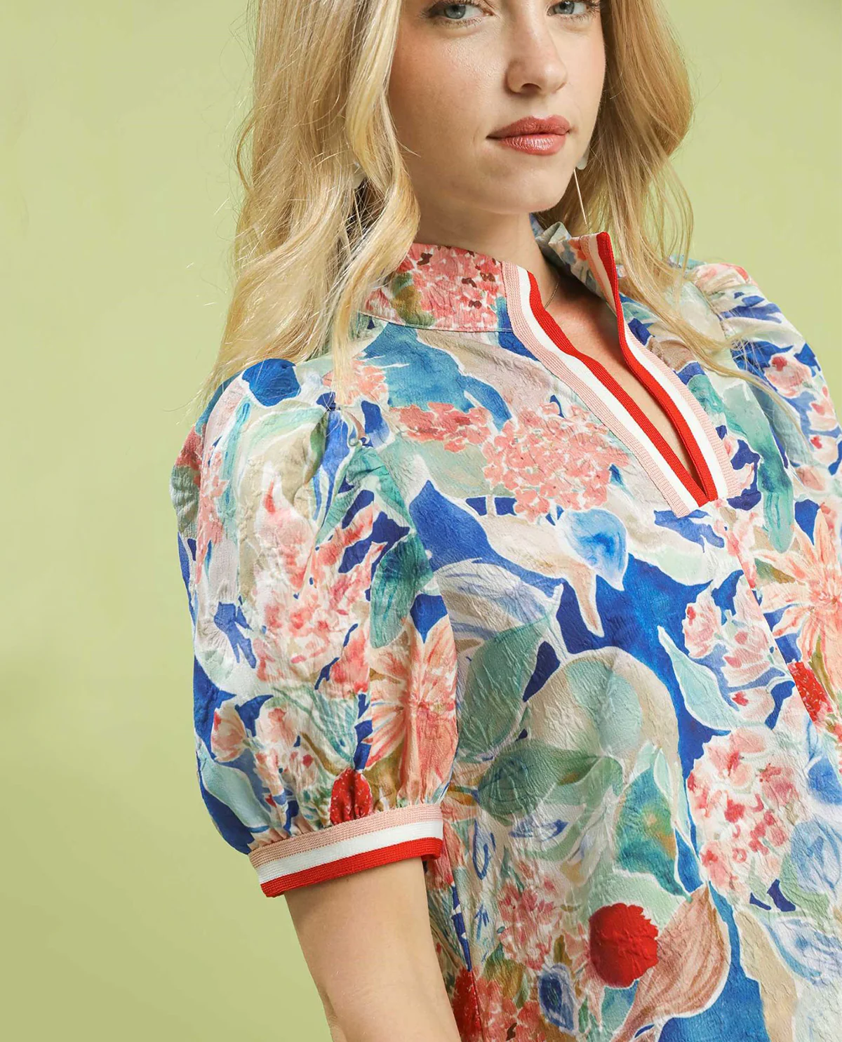 Jacquard Print Top with Short Puff Sleeves and Striped Contrast Cuffs - Image 2