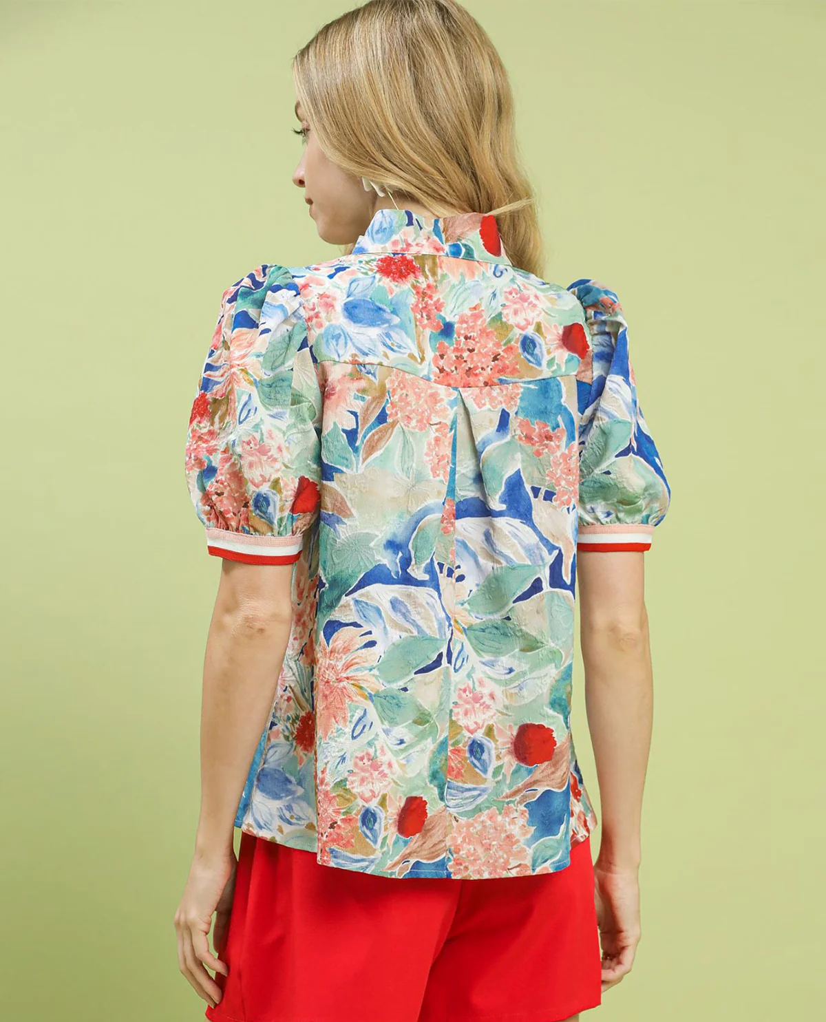 Jacquard Print Top with Short Puff Sleeves and Striped Contrast Cuffs - Image 5