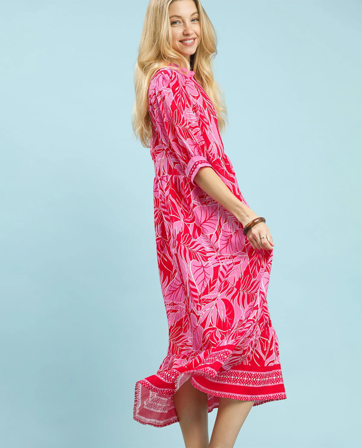 Umgee Leaf Print Tiered Dress Red - Image 2