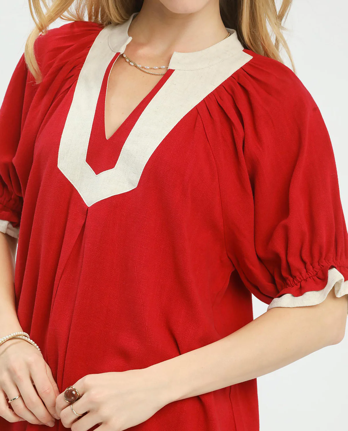 Umgee Linen Babydoll Top With Contrast Trim Red - Image 2