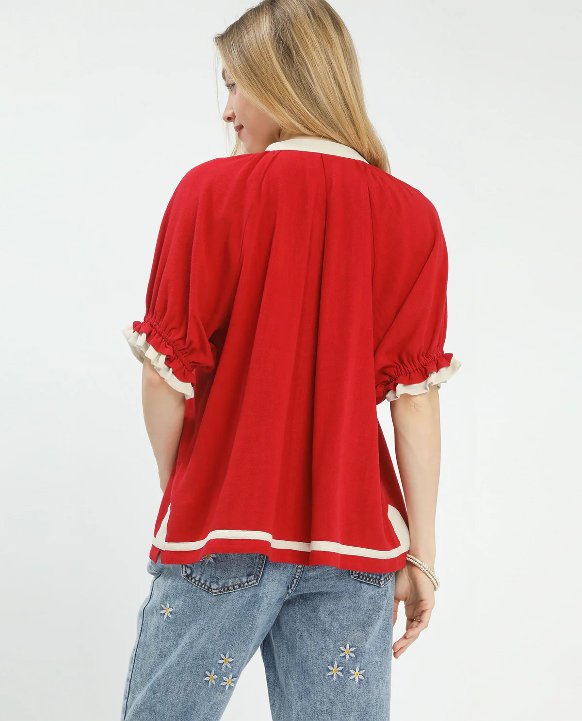 Umgee Linen Babydoll Top With Contrast Trim Red - Image 3