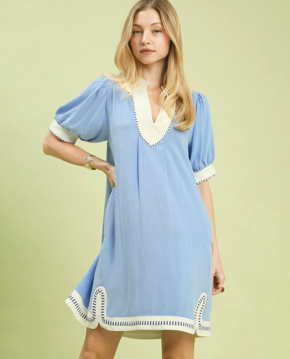 Umgee Linen Contrast Trim Dress Light Blue - Image 2