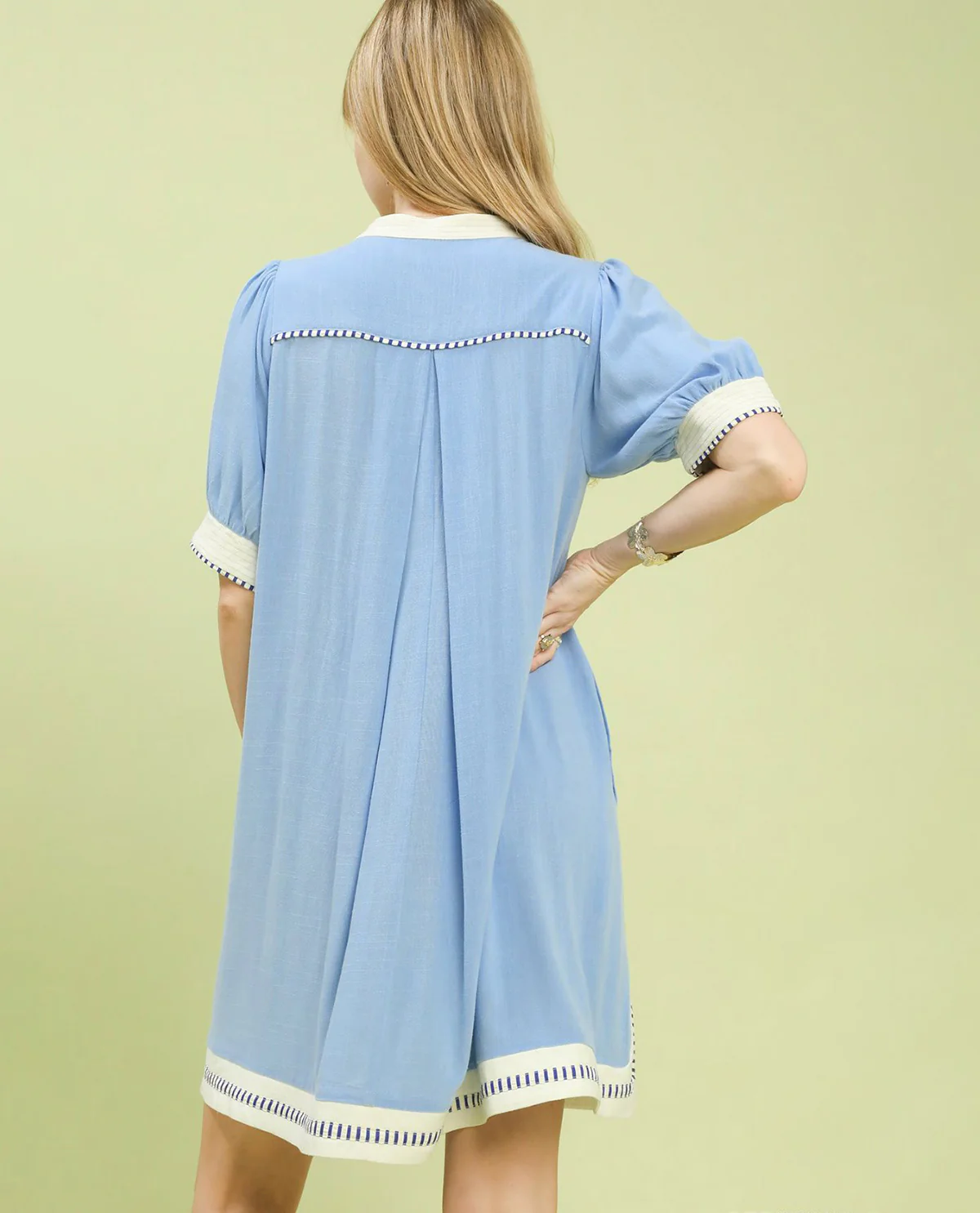 Umgee Linen Contrast Trim Dress Light Blue - Image 3