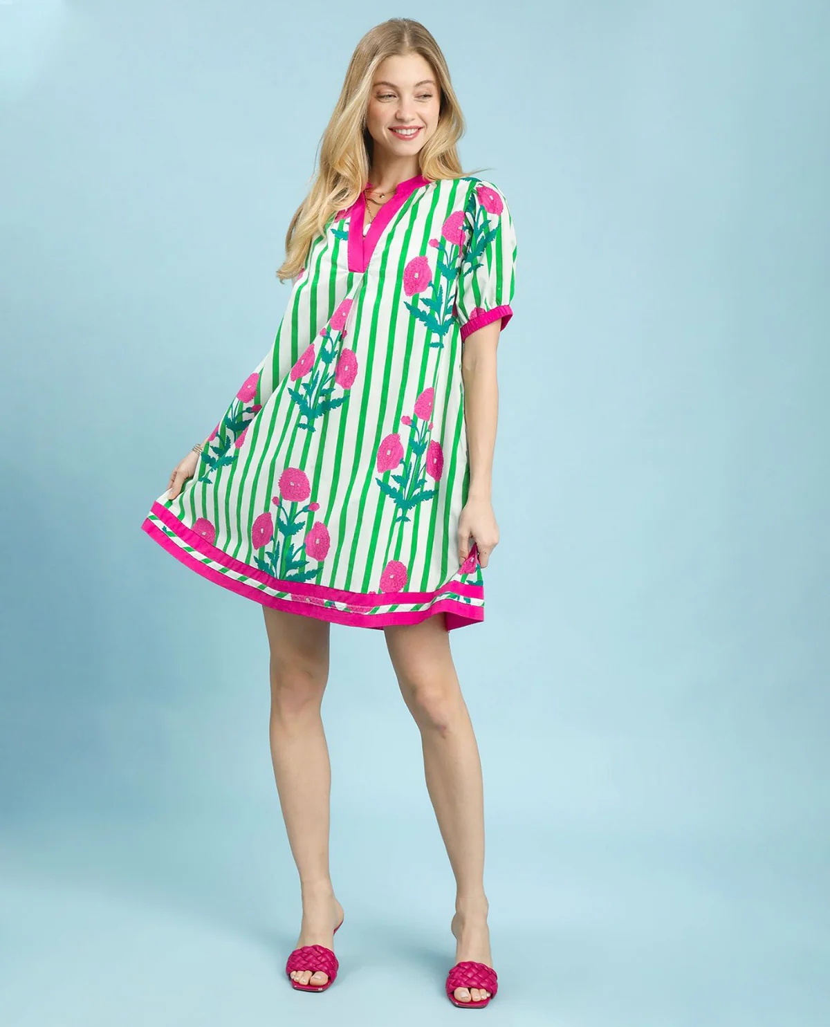 Umgee Mixed Floral Stripe Dress Green/Pink - Image 2