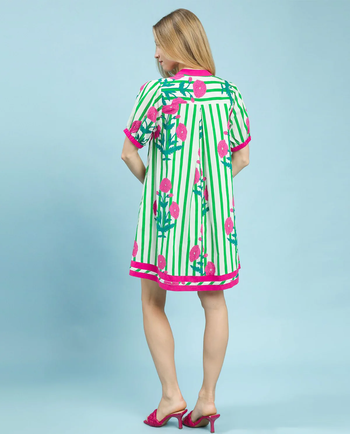 Umgee Mixed Floral Stripe Dress Green/Pink - Image 3