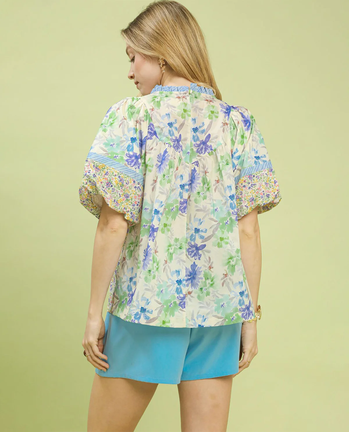 Umgee Mix Print Ruffle Neck Top With Lace Blue - Image 3