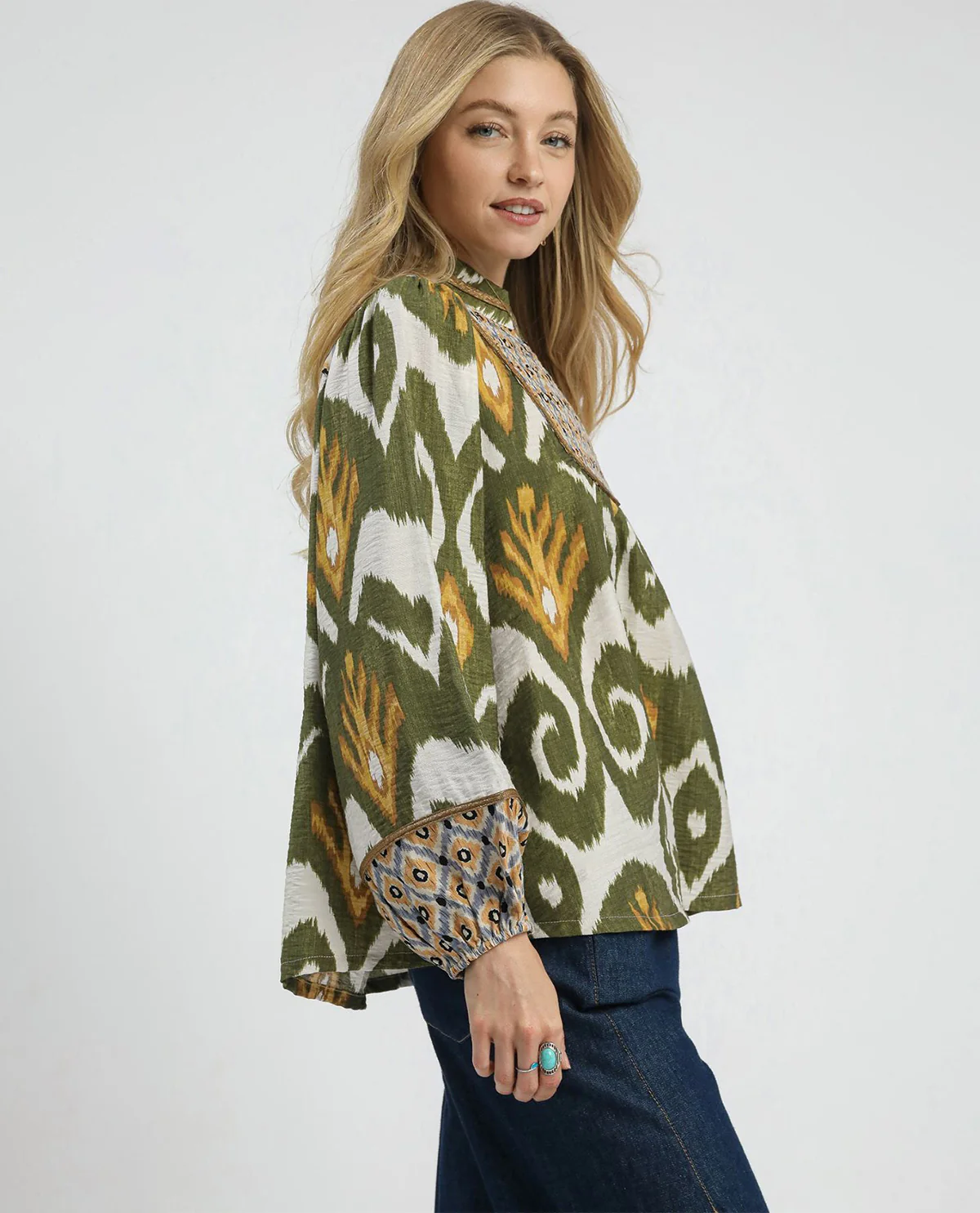 Ikat Print Boho Blouse with Yoke Detail - Image 3
