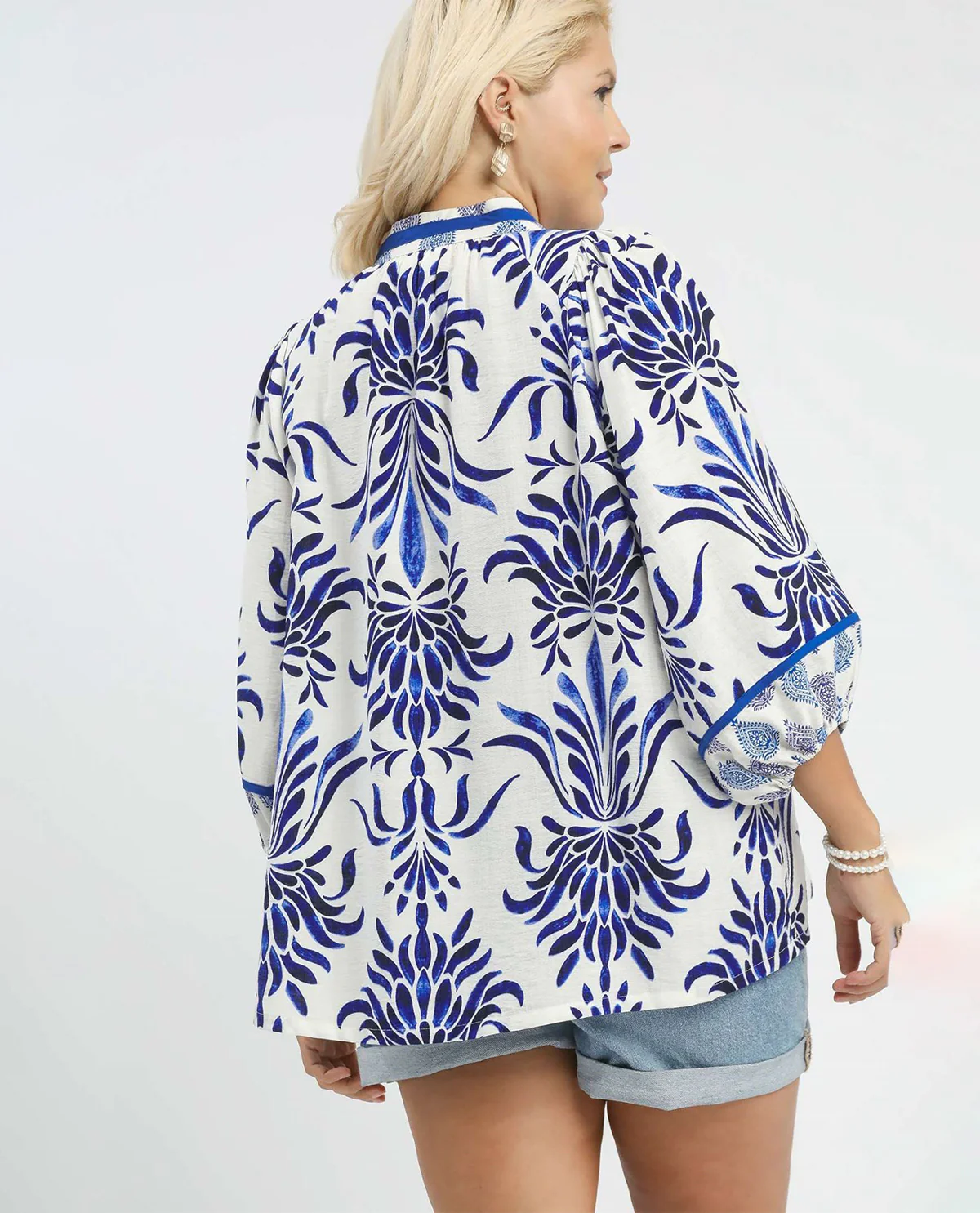 Umgee Mix Floral Print Balloon Sleeve Top Blue - Image 2