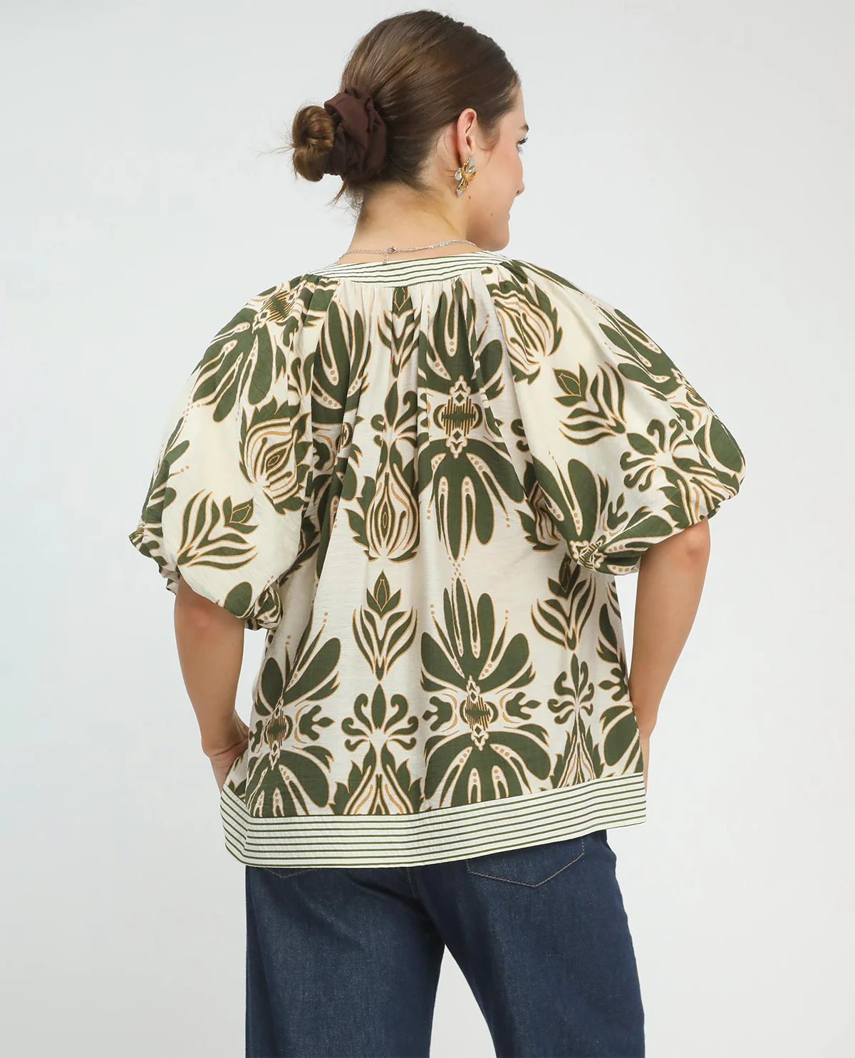 Umgee Mixed Print Puff Sleeve Top Green - Image 2