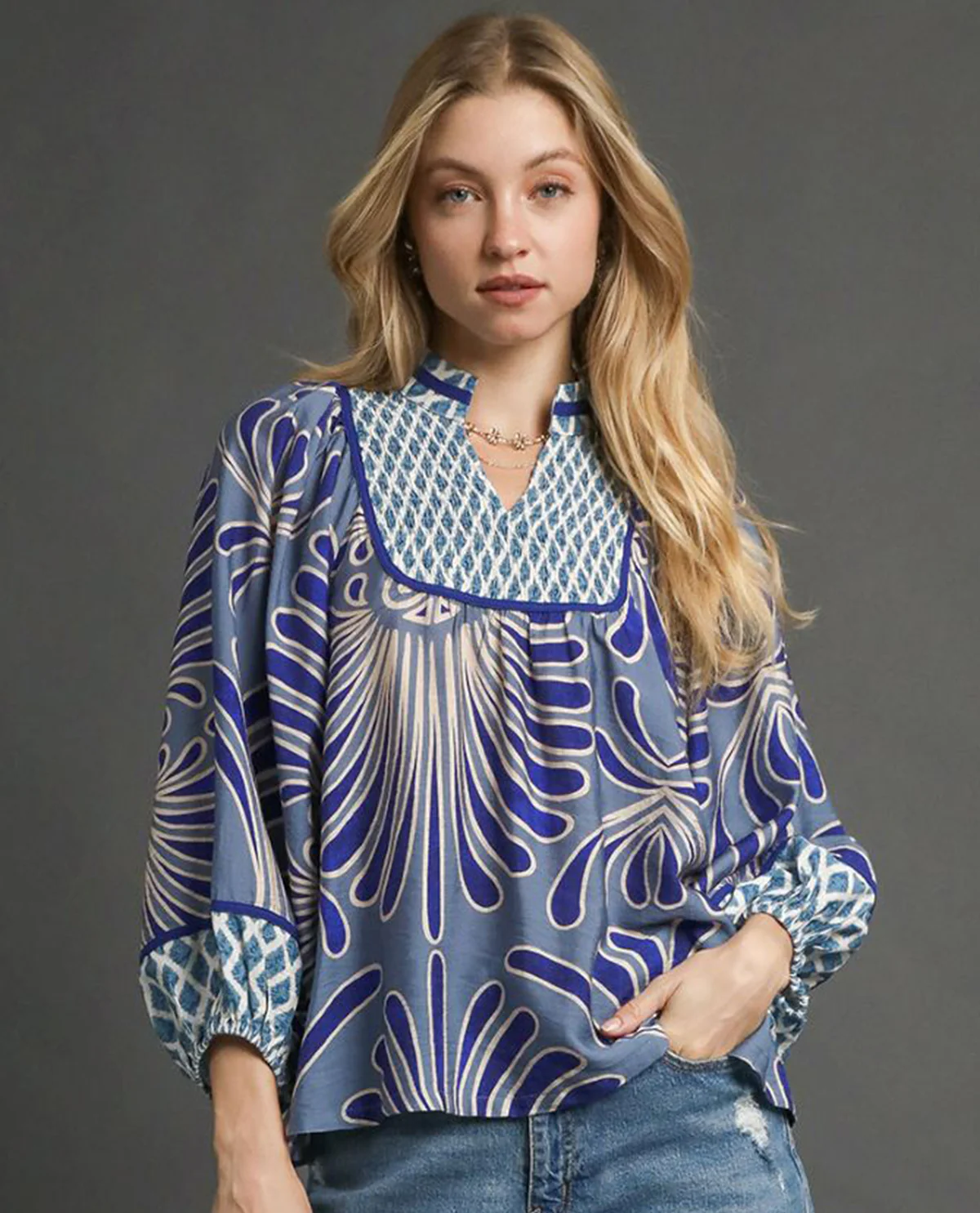 Umgee Mixed Print Top with Smocked Yoke - Image 2