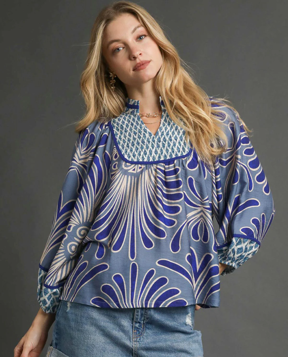 Umgee Mixed Print Top with Smocked Yoke - Image 3