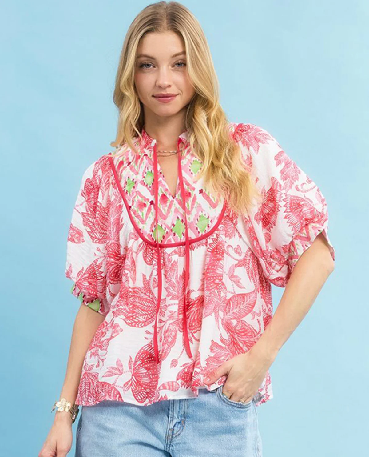 Umgee Mixed Print Top with Tie Detail - Image 2