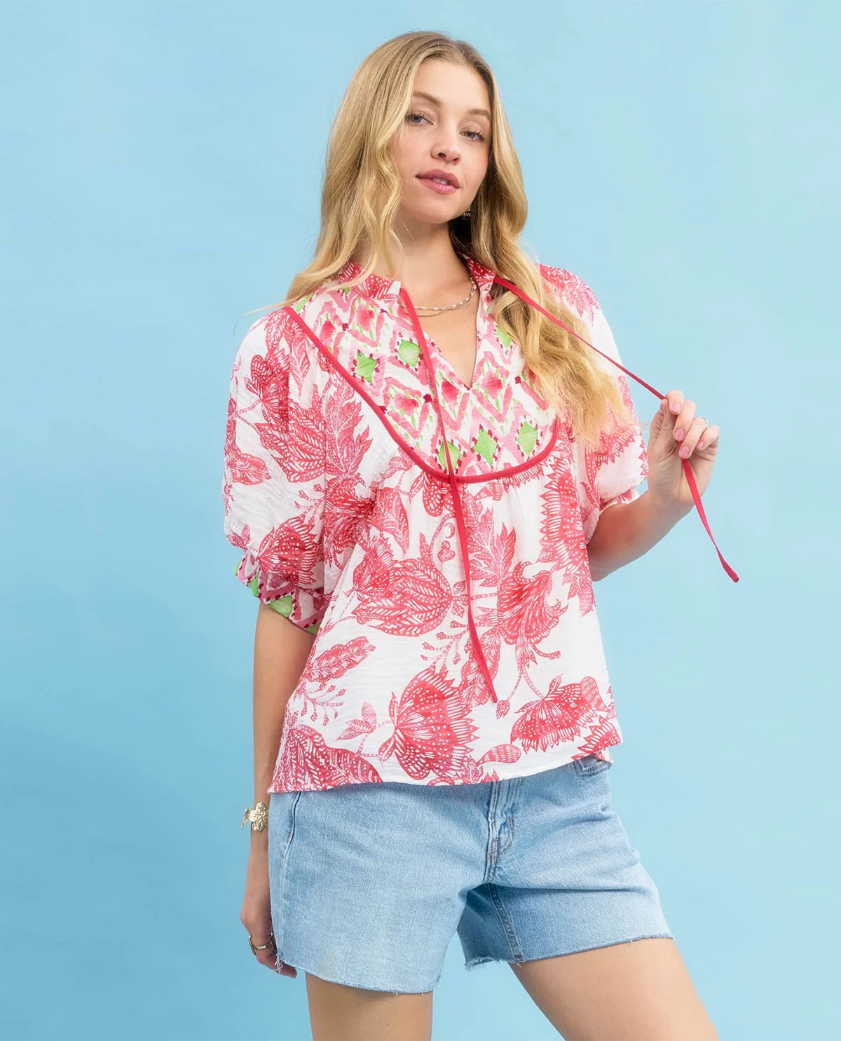 Umgee Mixed Print Top with Tie Detail - Image 3