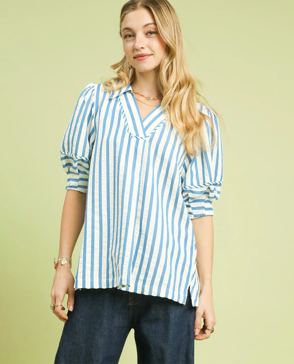 Umgee Striped Puff Sleeve Blouse - Image 2