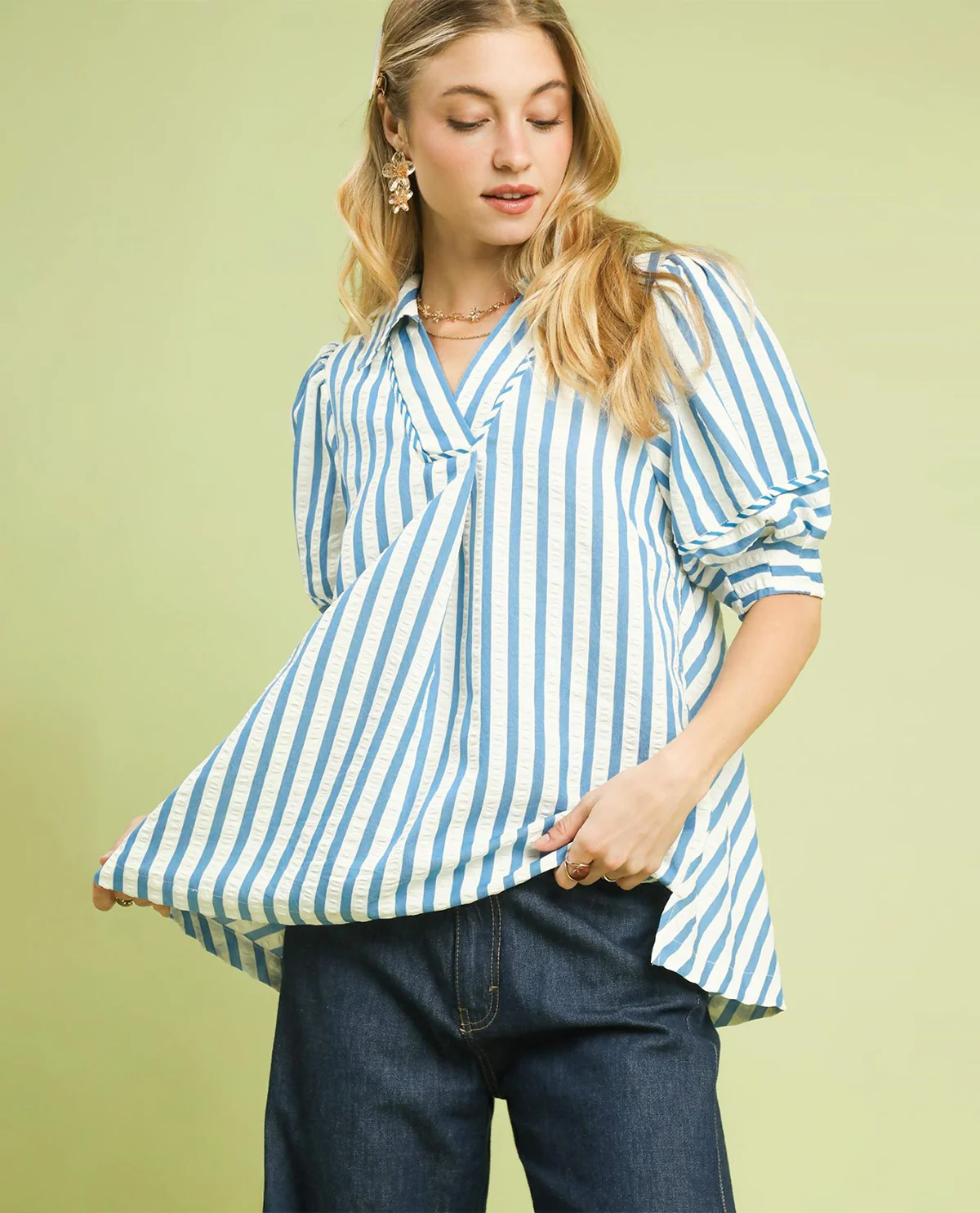 Umgee Striped Puff Sleeve Blouse - Image 3