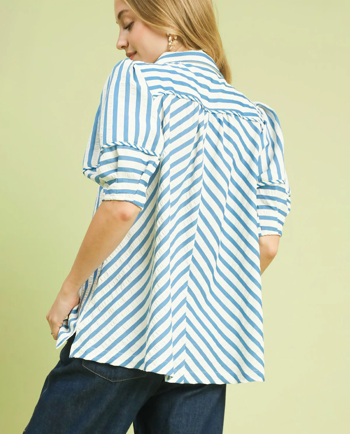 Umgee Striped Puff Sleeve Blouse - Image 4
