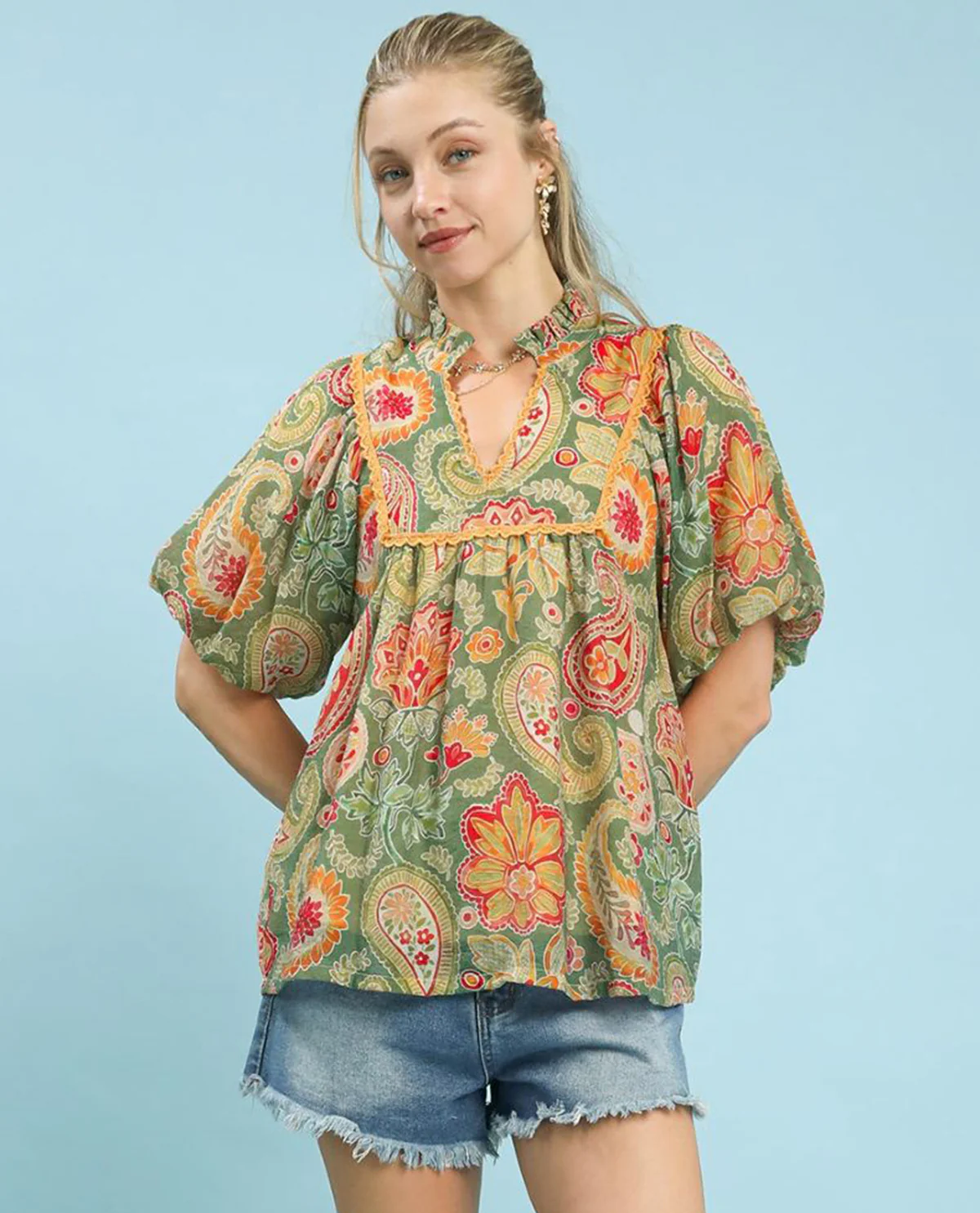 Mix Paisley Print Top with Puff Sleeves - Image 2