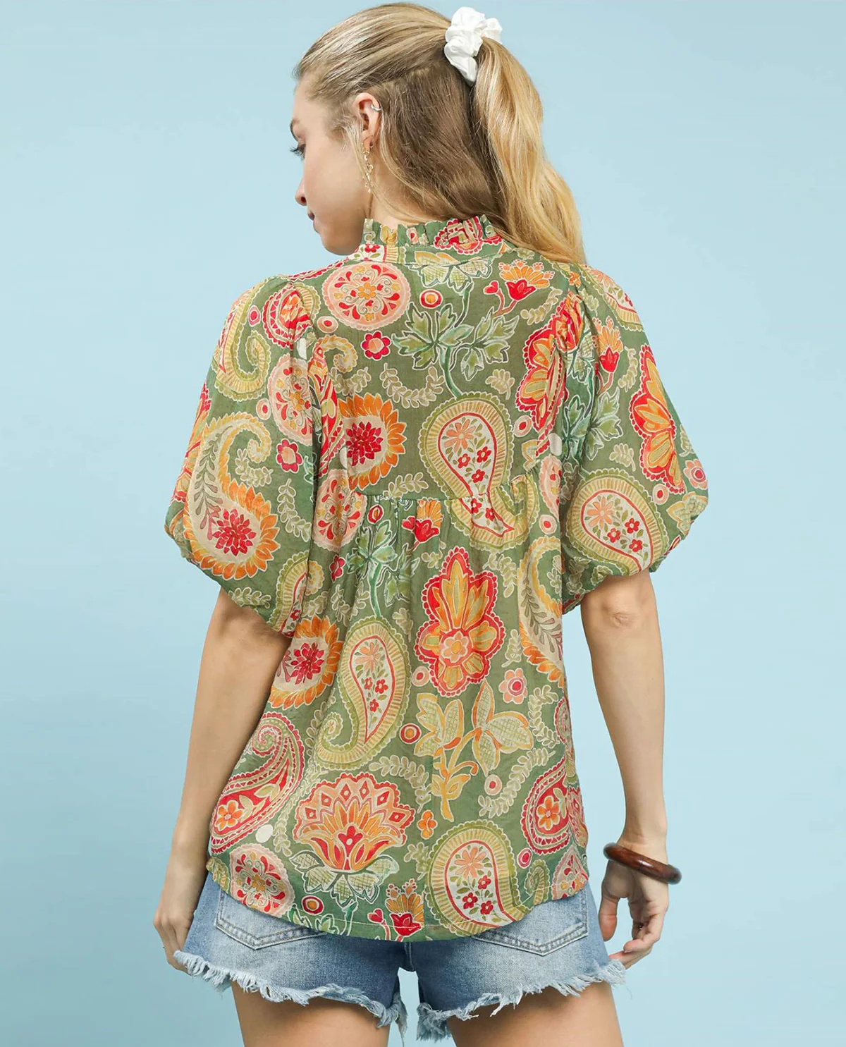 Mix Paisley Print Top with Puff Sleeves - Image 3