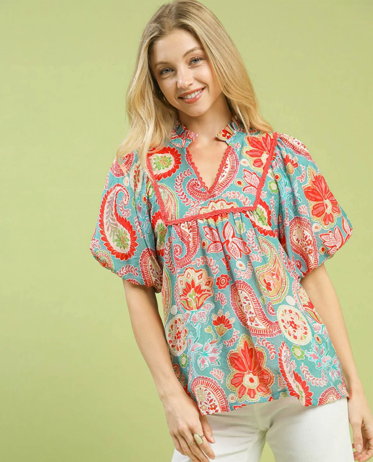 Mix Paisley Print Top with Puff Sleeves - Image 4