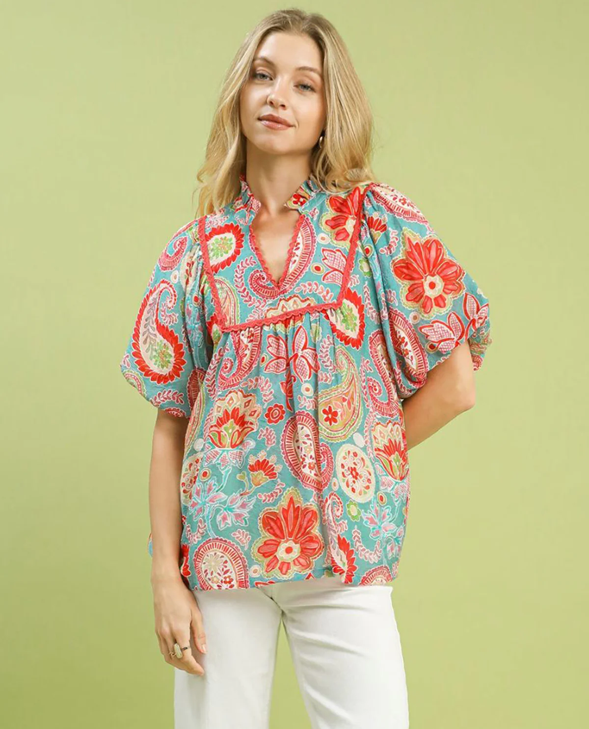 Mix Paisley Print Top with Puff Sleeves - Image 6