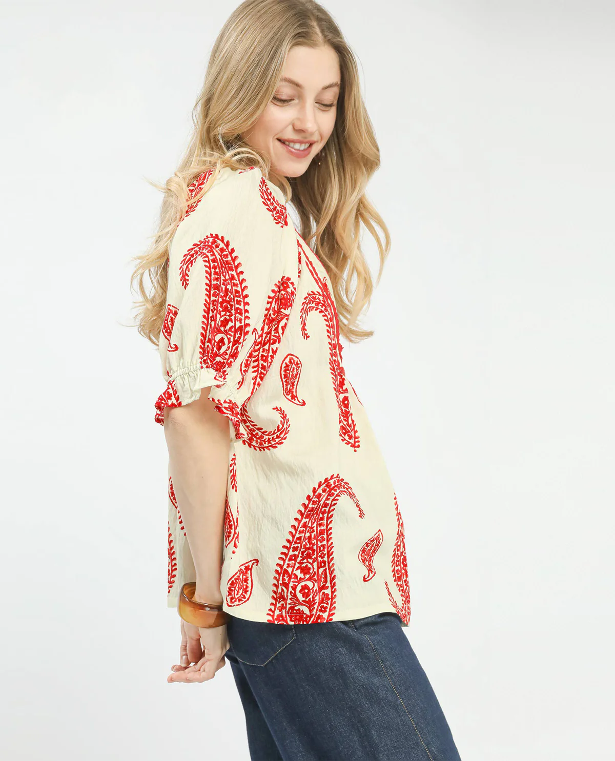 Umgee Paisley Print V-Neck Top Red - Image 2