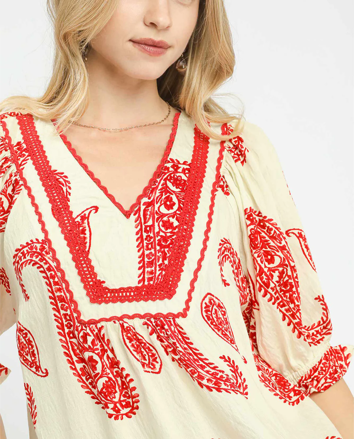 Umgee Paisley Print V-Neck Top Red - Image 3