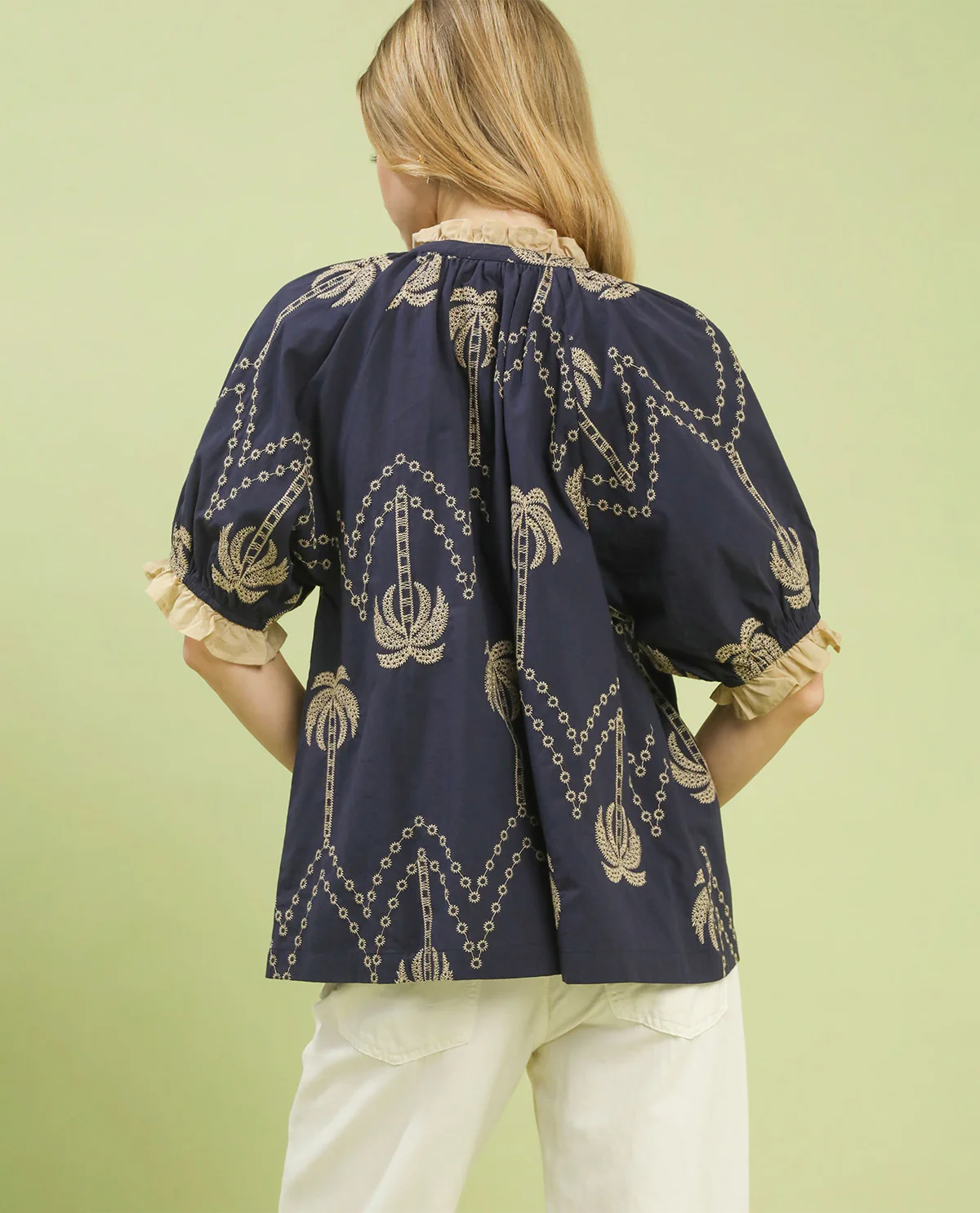 Umgee Palm Print Embroidered Top Navy - Image 2