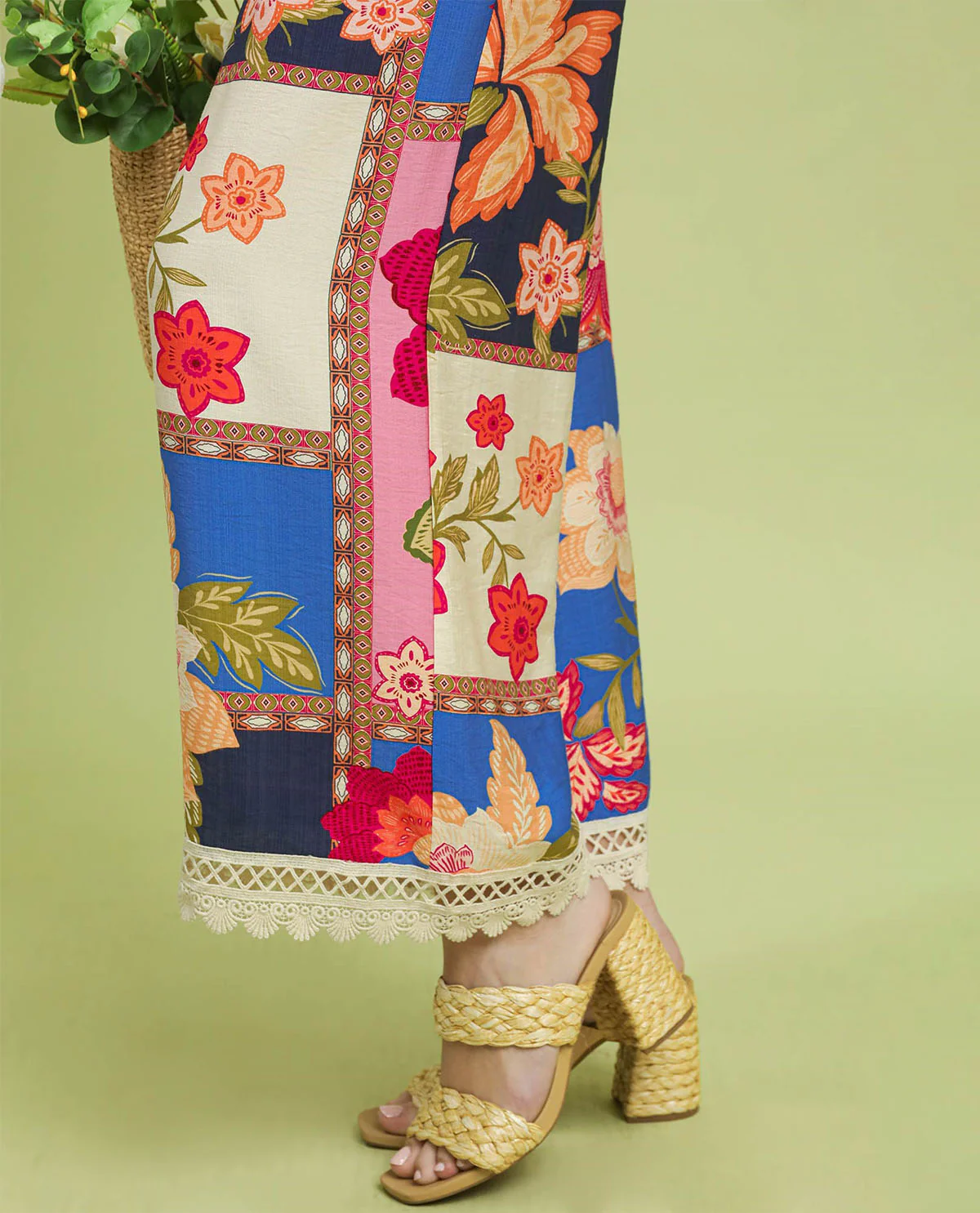 Umgee Patchwork Print Pants Blue Mix - Image 3