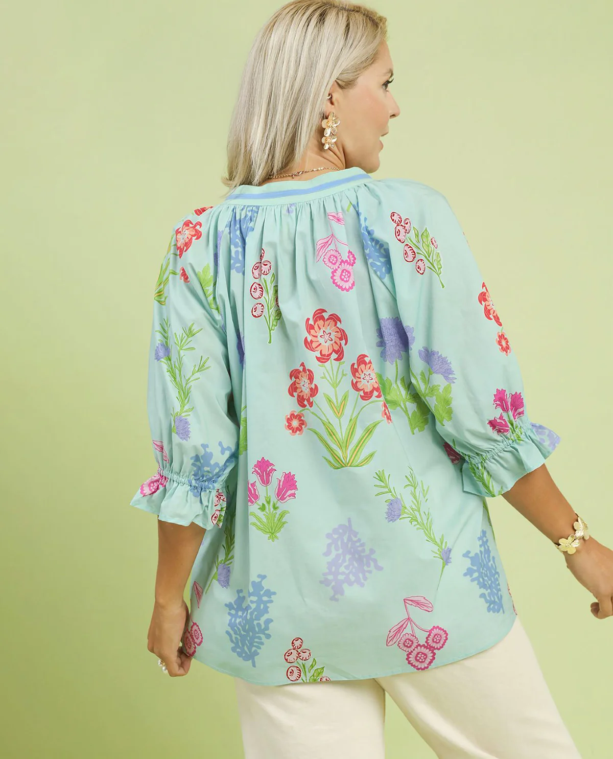 Umgee Floral Print Puff Sleeve Top Seafoam - Image 2