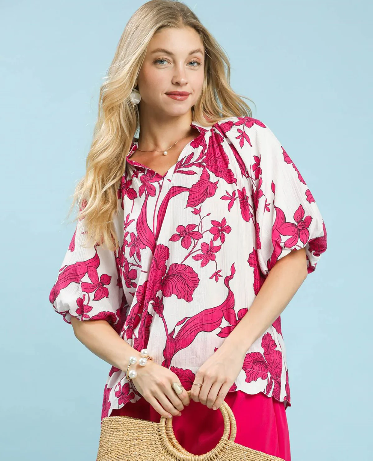 Umgee Floral Print V-Neck Top with Bubble Sleeves - Image 2