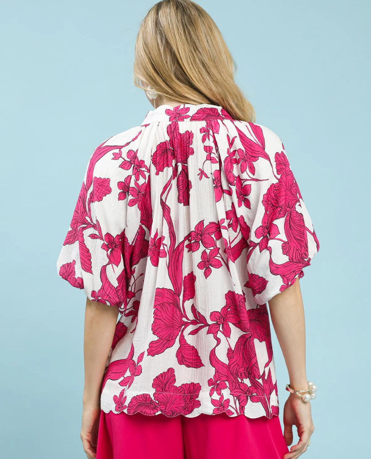 Umgee Floral Print V-Neck Top with Bubble Sleeves - Image 3