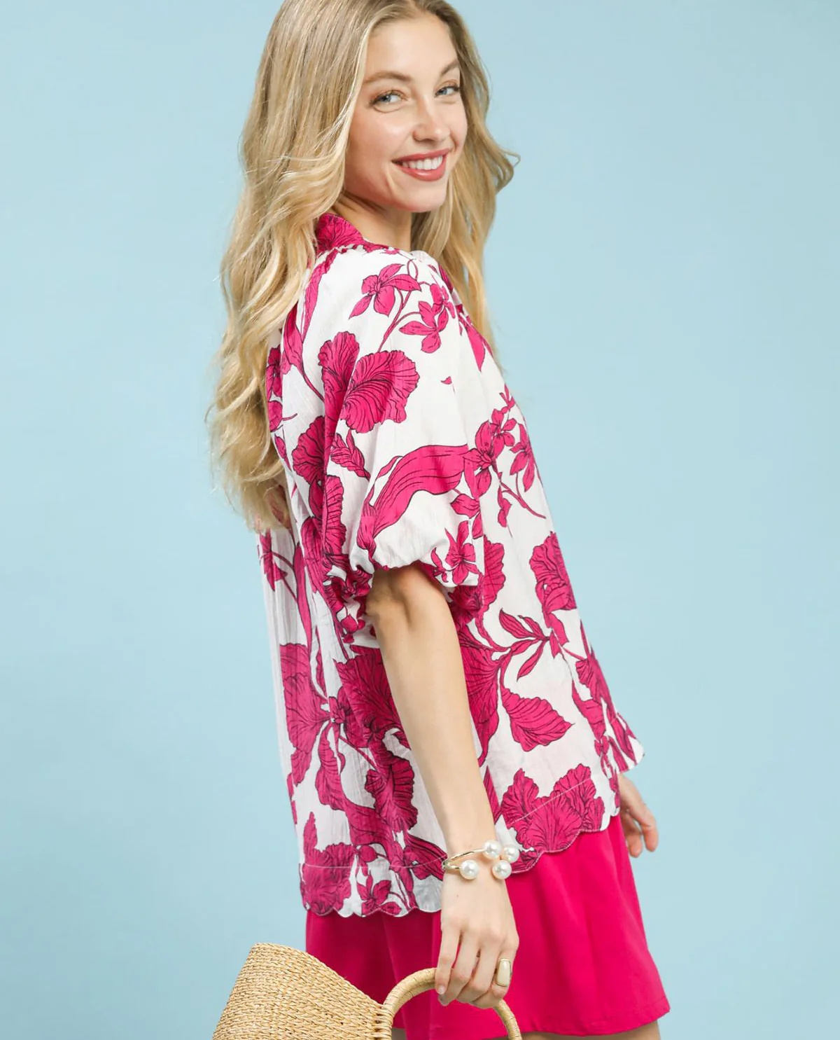 Umgee Floral Print V-Neck Top with Bubble Sleeves - Image 4