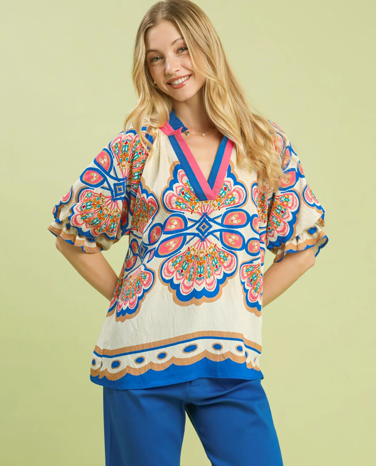 Umgee Print Bubble Sleeve V-Neck Top - Image 2