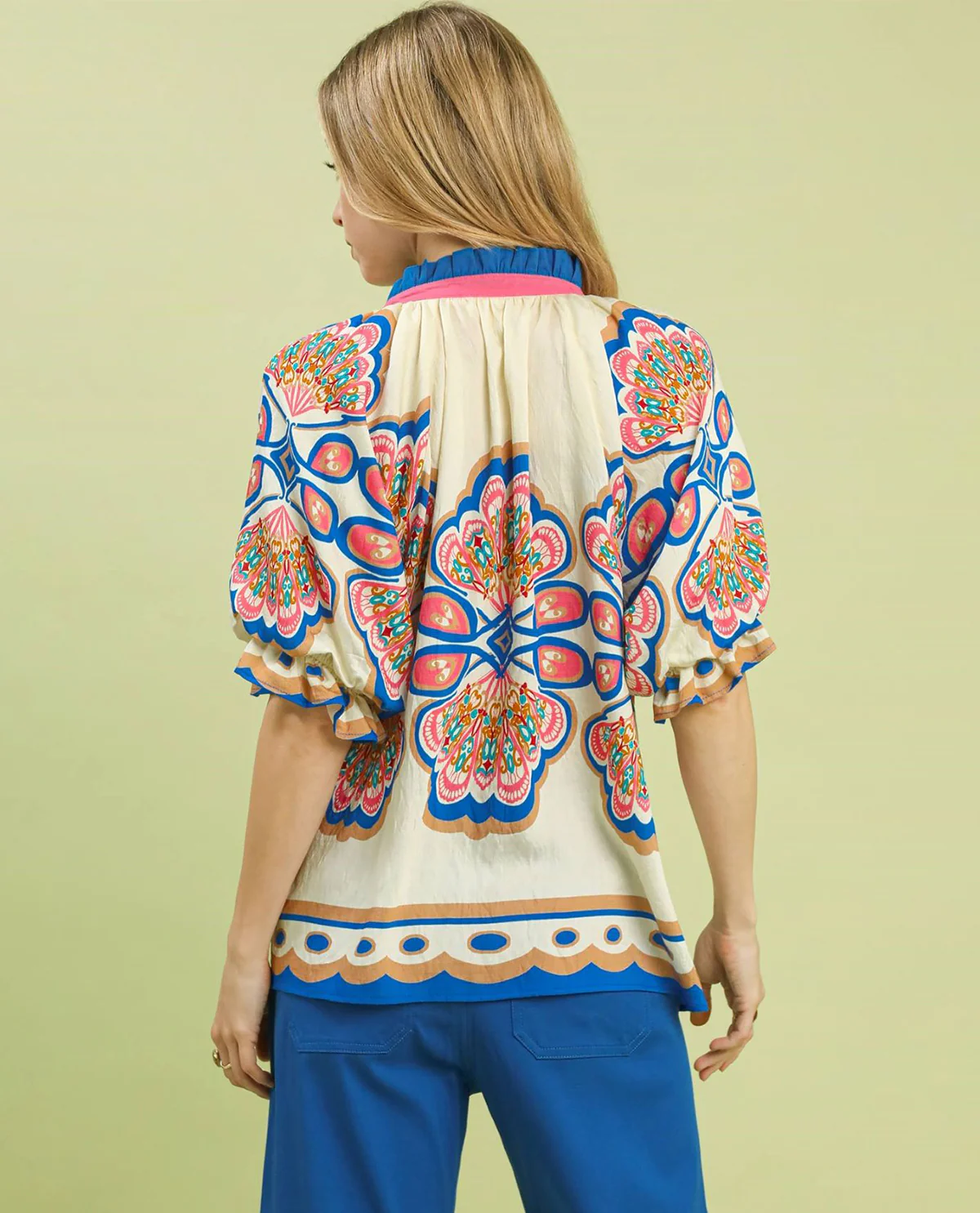 Umgee Print Bubble Sleeve V-Neck Top - Image 3