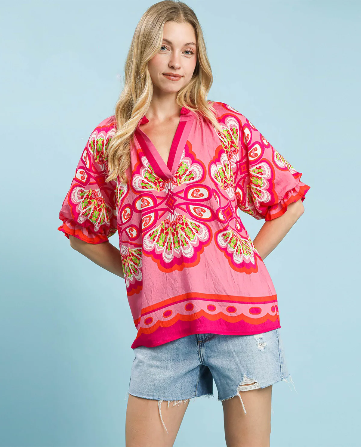 Umgee Print Bubble Sleeve V-Neck Top - Image 4