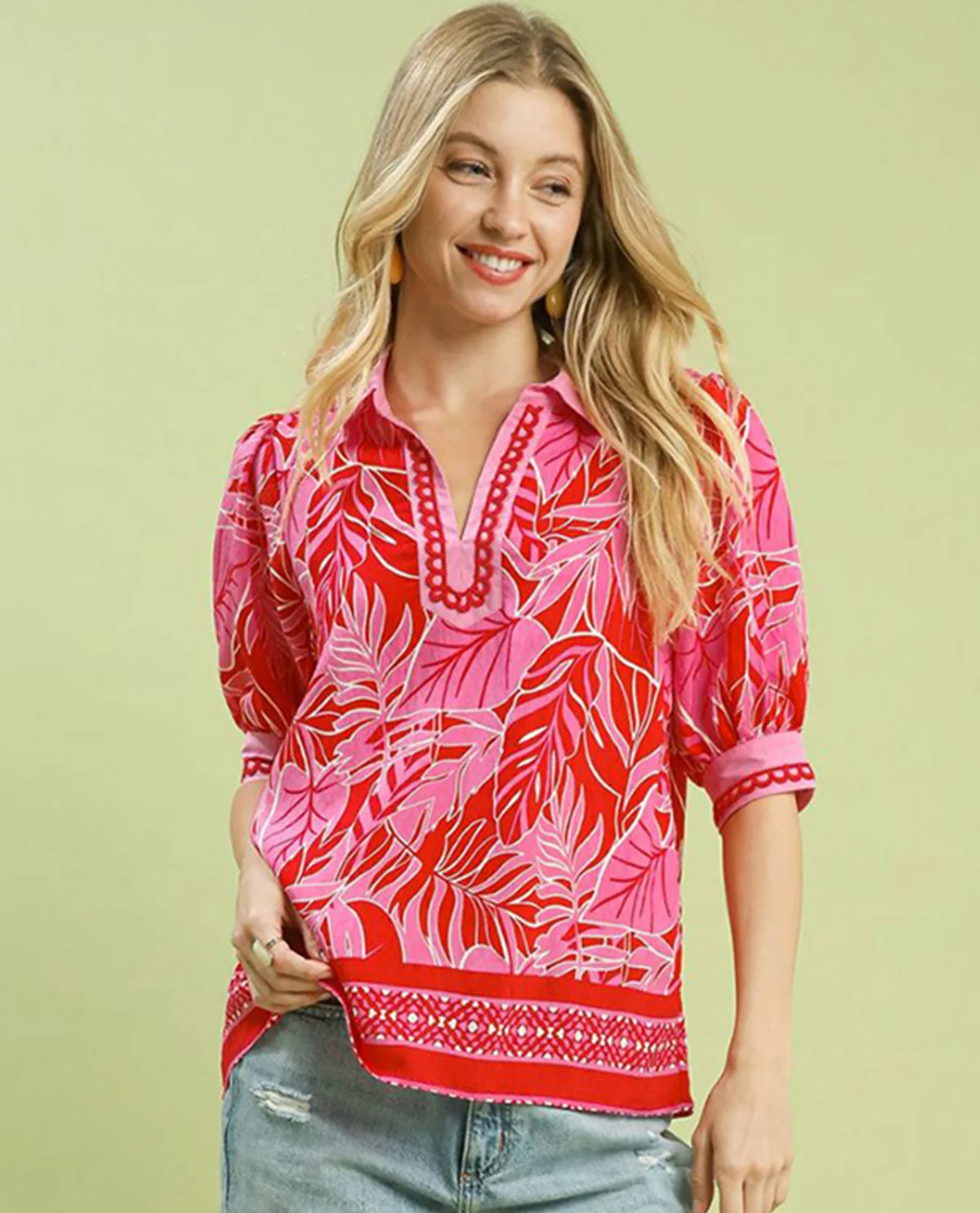 Umgee Print Top with Puff Sleeves - Image 2