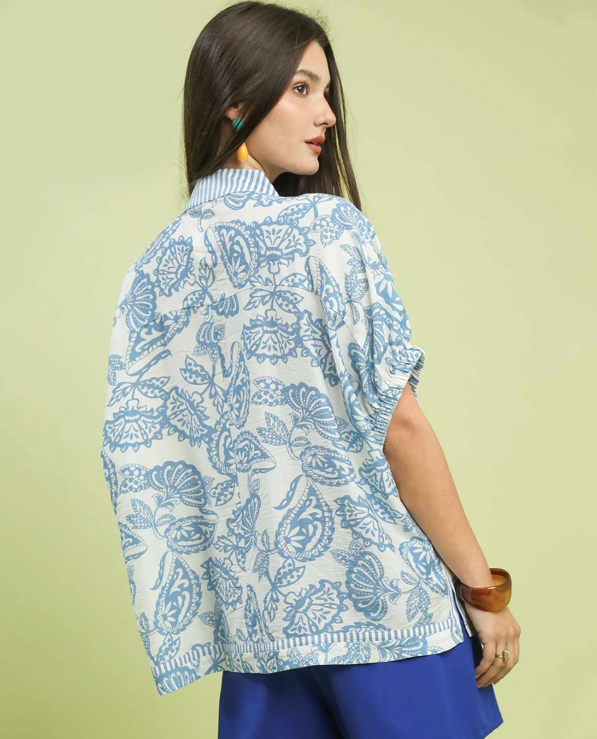 Umgee Botanical Print Mixed Trim Tunic Top - Image 3
