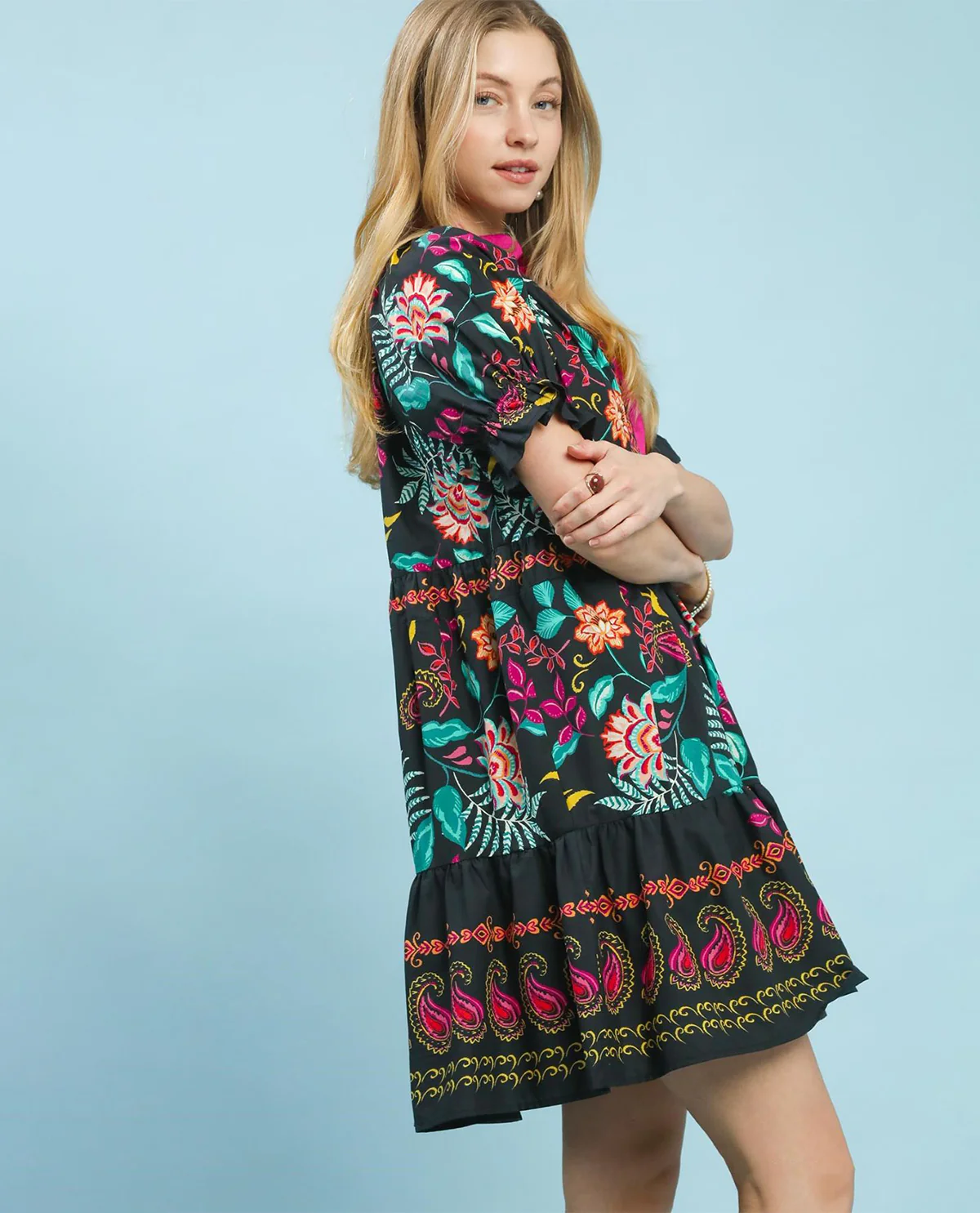 Umgee Print Dress With Contrast Collar Black - Image 2