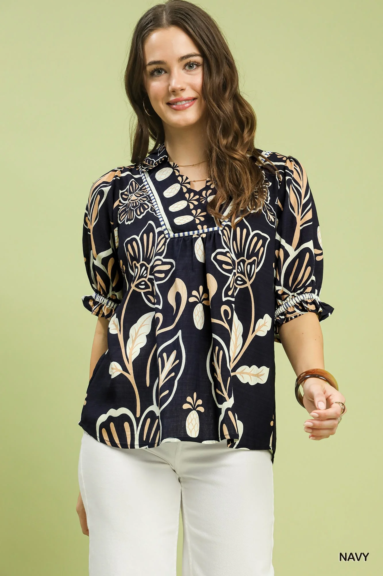 Umgee Print Puff Sleeve Top Navy