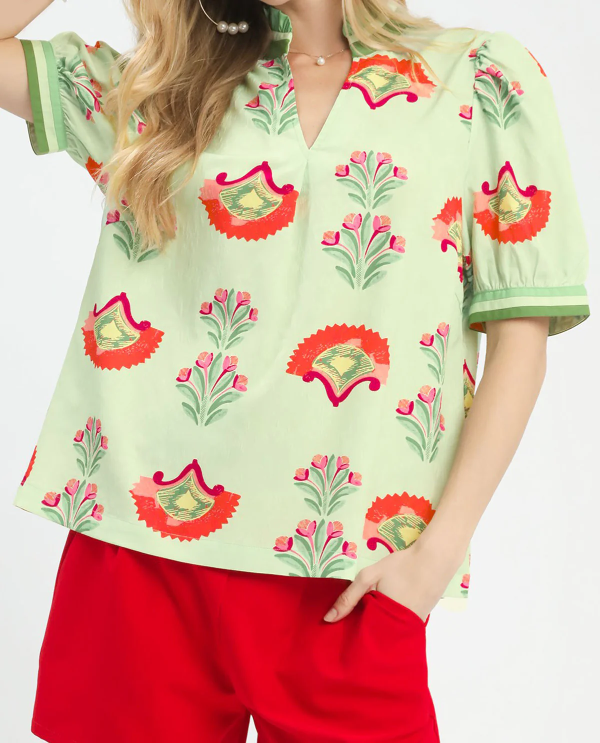 Umgee Print Puff Sleeve Top With Contrast Lt Sage - Image 2