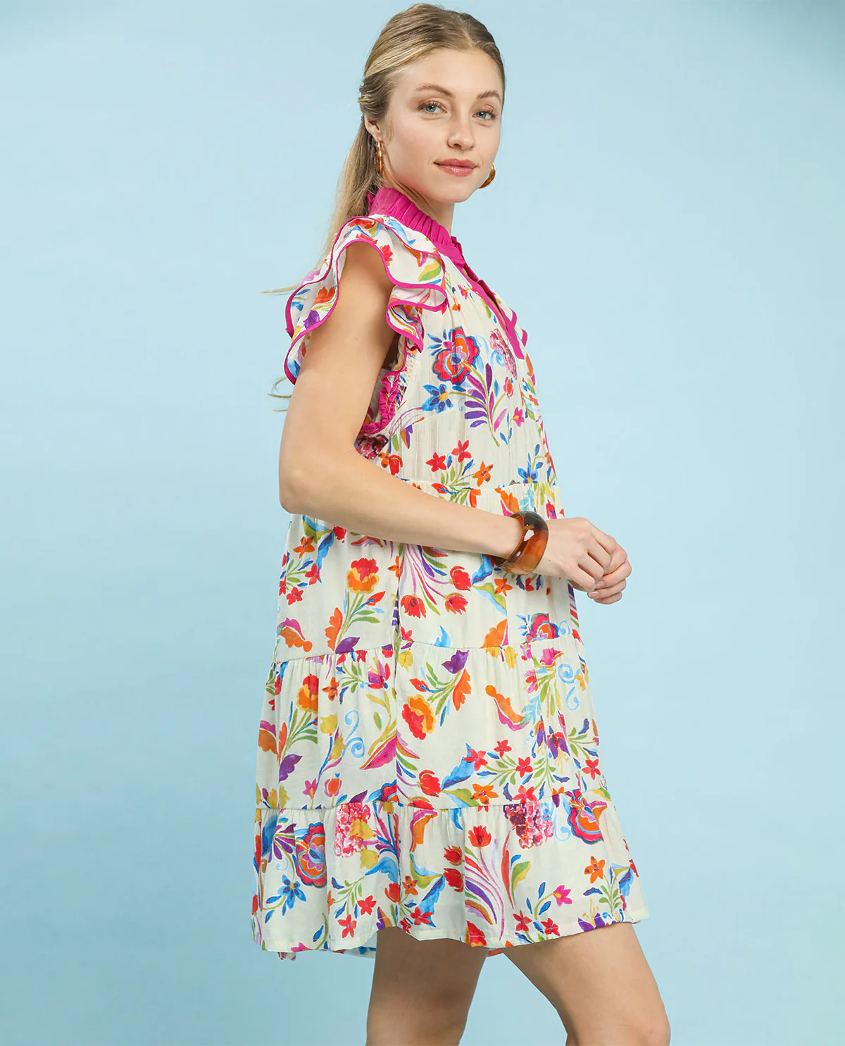 Umgee Print Ruffle Sleeve Tiered Dress Pink - Image 2