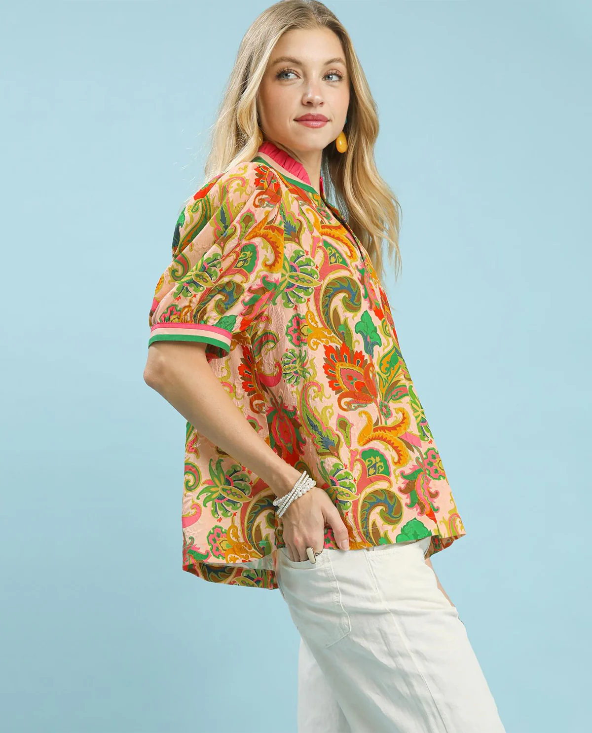 Umgee Print Ruffled Neck Top - Image 2