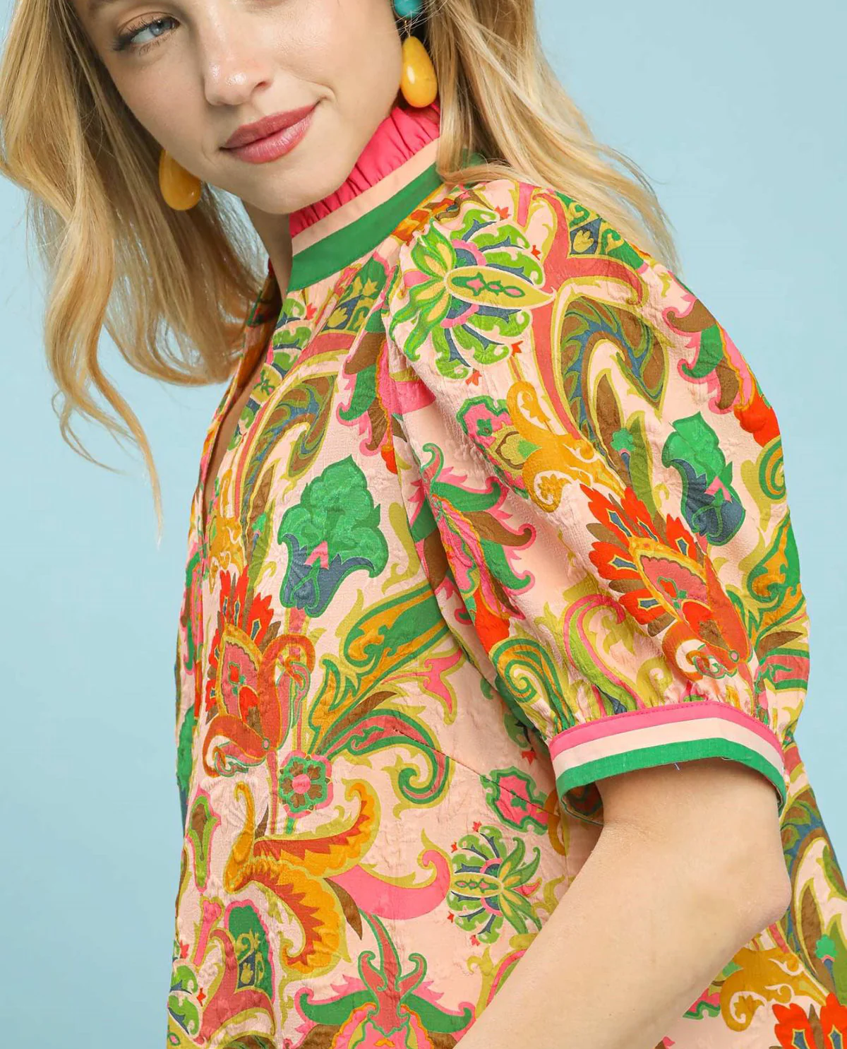 Umgee Print Ruffled Neck Top - Image 3