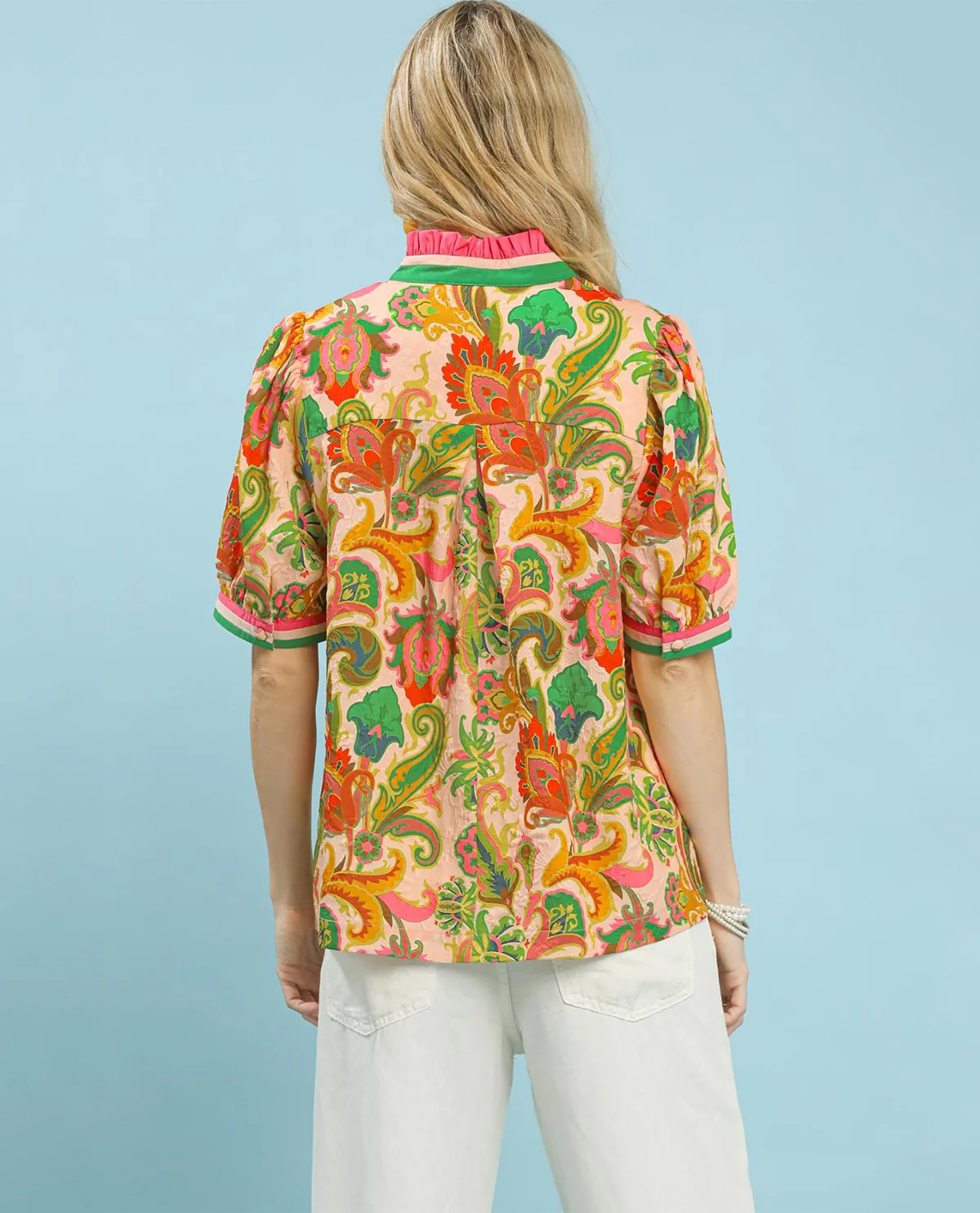 Umgee Print Ruffled Neck Top - Image 4