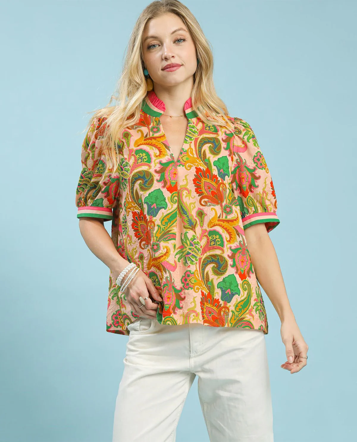 Umgee Print Ruffled Neck Top - Image 5