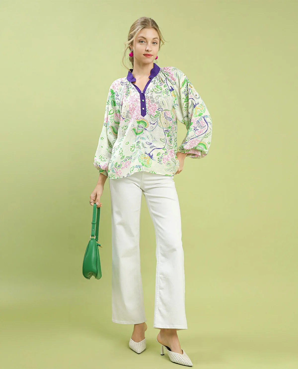 Umgee Paisley Floral Contrast Trip Top With Balloon Sleeves and Split Neckline - Image 2