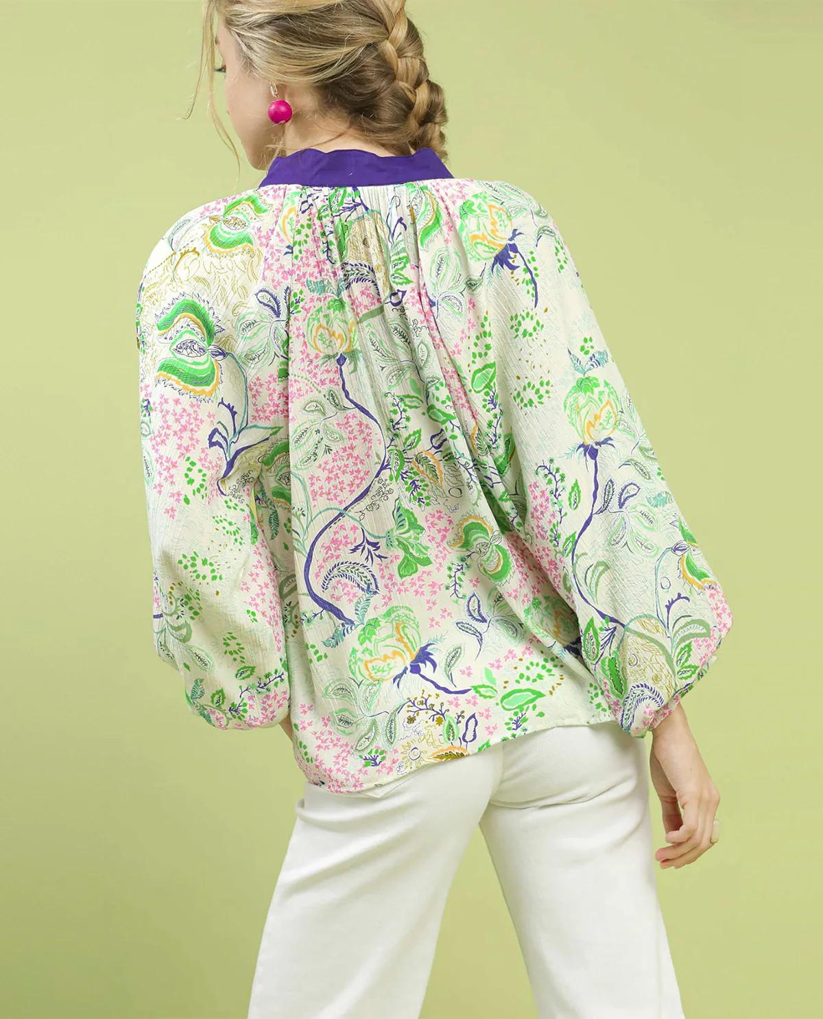 Umgee Paisley Floral Contrast Trip Top With Balloon Sleeves and Split Neckline - Image 3