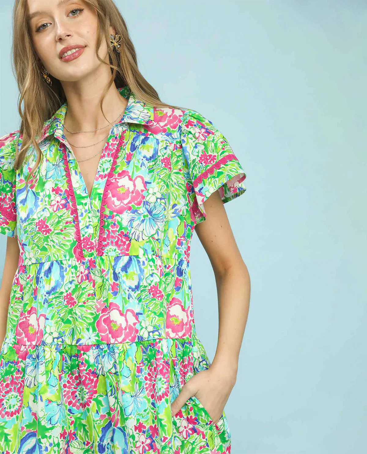 Umgee Print Tiered Dress Pink/Blue - Image 2