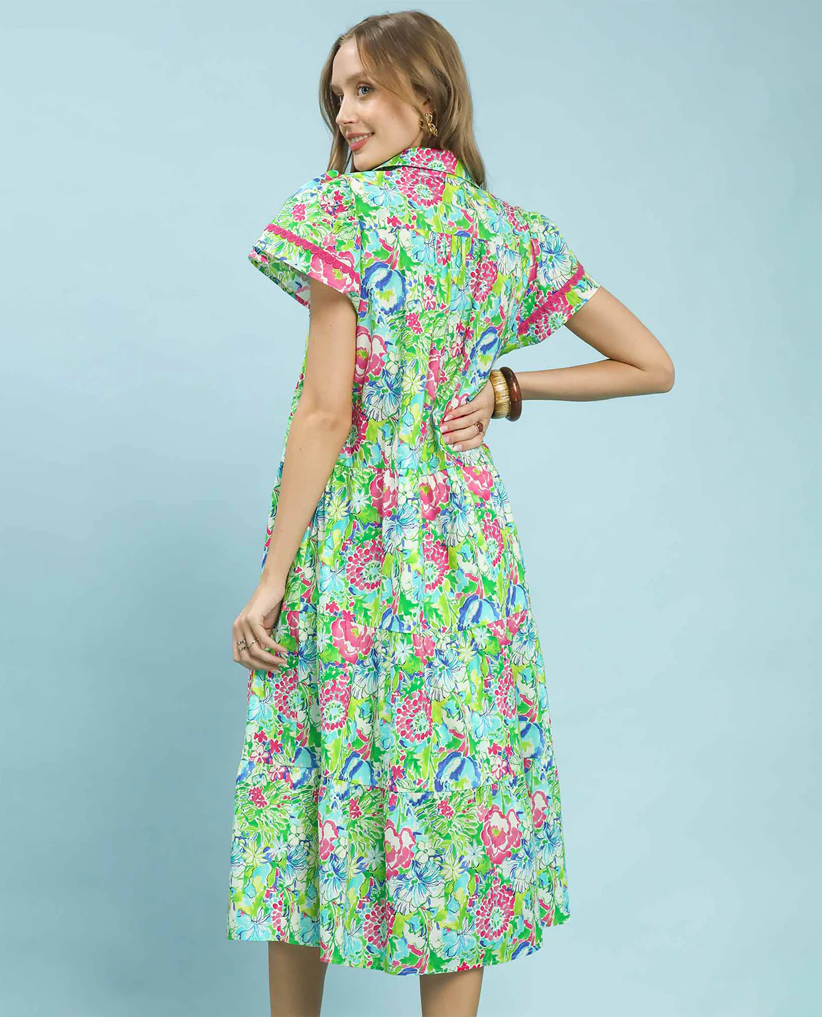 Umgee Print Tiered Dress Pink/Blue - Image 3